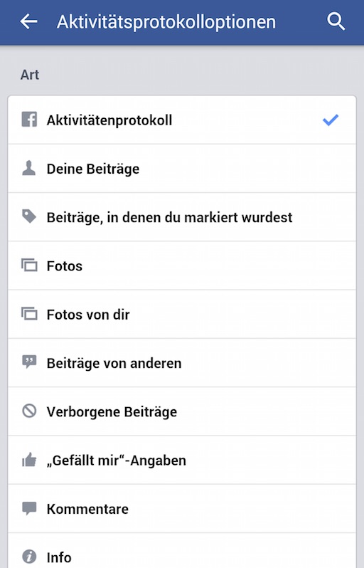 Filter erlauben gezieltes Durchsuchen nach verschiedenen Aktivitäten (Bild: Facebook App Screenshot).