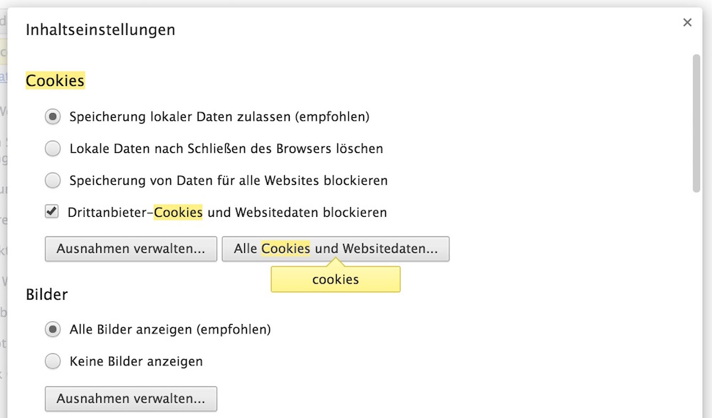 Google Chrome Cookie Einstellungen (Bild: Screenshot Google Chrome).
