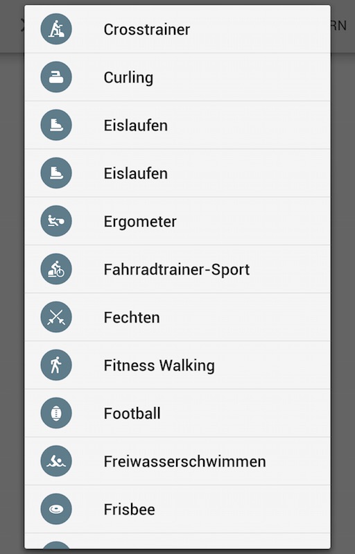 Weitere Aktivitäten können manuell erfasst werden (Bild: Google Fit App)