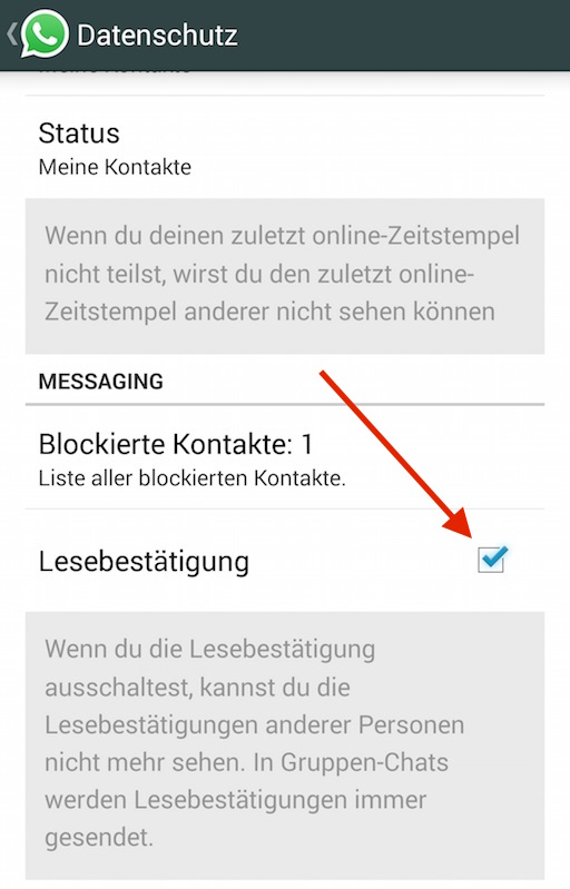 In den Datenschutzeinstellungen versteckt, findet sich die Option zur Lesebestätigung (Bild: WhatsApp App Screenshot).