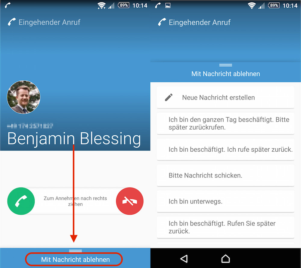 Anruf mit Nachricht unter Android ablehnen (Bild: Screenshot Android).