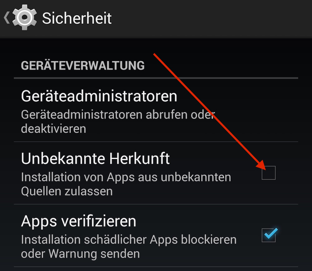 In den Einstellungen unter Sicherheit müssen Apps aus unbekannten Quellen zugelassen werden (Bild: Android Screenshot).