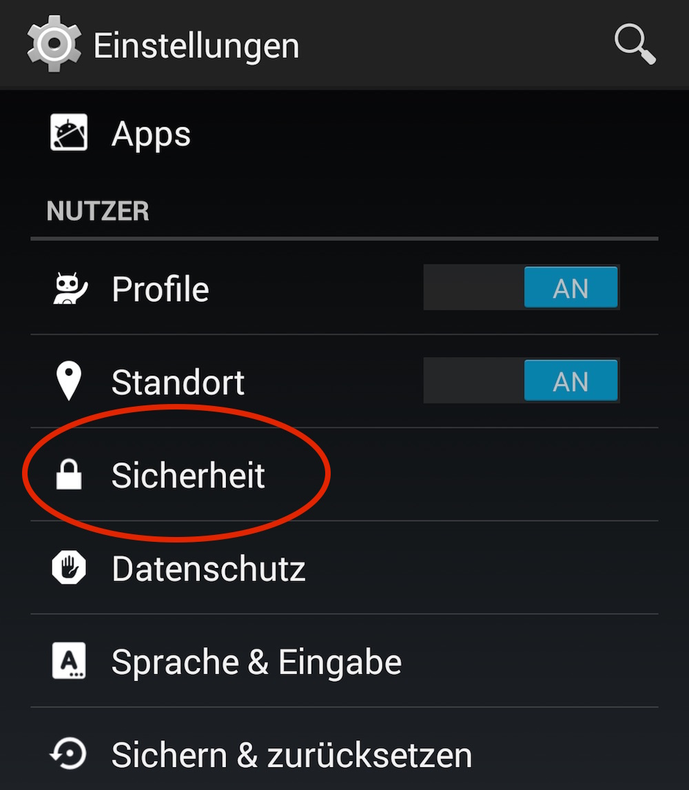 In den Einstellungen zum Android Smartphone befindet sich die Option Sicherheit (Bild: Android Screenshot).