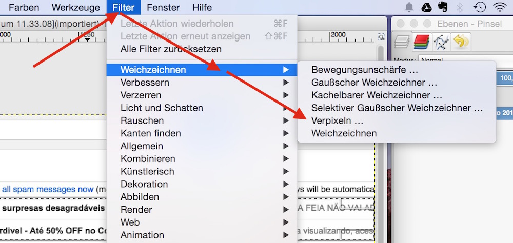 Den Filter zum Verpixeln unter Weichzeichnen auswählen (Bild: Screenshot GIMP).