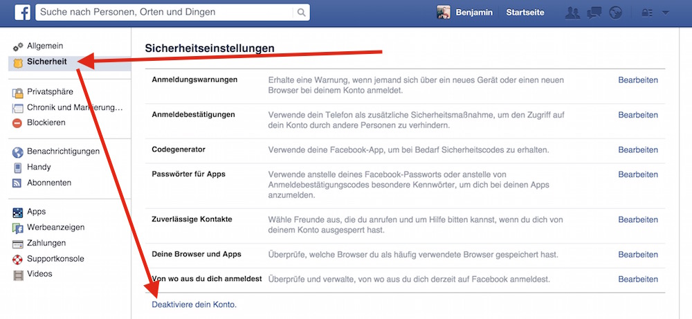 Über die Facebook Sicherheitseinstellungen gelangt man zum Punkt "Deaktiviere dein Konto" (Bild: Screenshot Facebook).