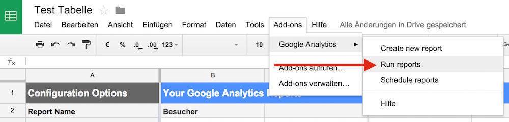 Abschließend muss Google Tabellen gesagt werden, dass jetzt die neuen Daten aus Google Analytics gezogen werden sollen (Bild: Screenshot Google Tabellen).
