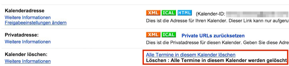 Alle Termine werden endgültig gelöscht (Bild: Screenshot Google Kalender).