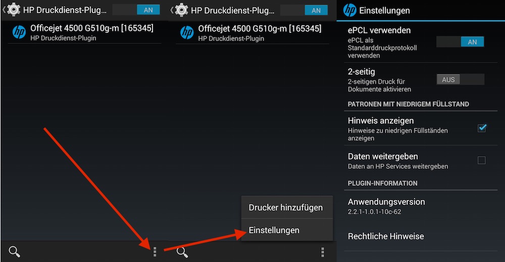 Plugin-Einstellungen ermöglichen weitere Einstellungen zu Drucken unter Android (Bild: Screenshot Android).
