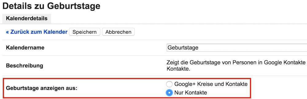 Geburtstage der Google+ Kontakte im Google Kalender anzeigen (Bild: Screenshot Google Kalender).