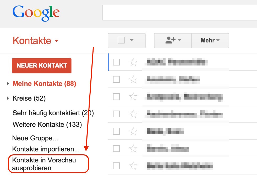Die neue Google Kontaktverwaltung aktivieren (Bild: Google Kontakte).