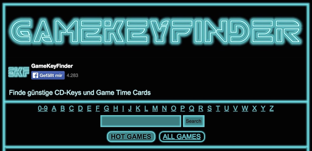 Die Webseite von gamekeyfinder.de kommt im Tron-Look Design (Bild: Screenshot gamekeyfinder.de).