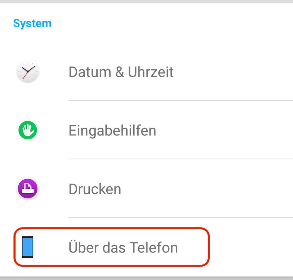 Die Einstellungen zum System suchen (Bild: Screenshot Android).