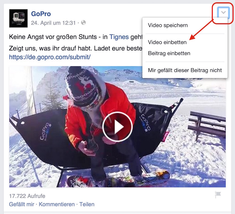 Facebook Videos in Webseiten einbinden (Bild: Screenshot GoPro Facebook).