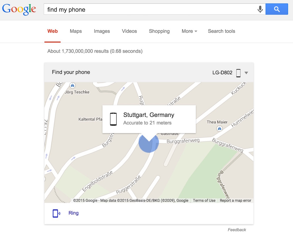 Find My Phone Google Suche (Bild: Screenshot Google.com).