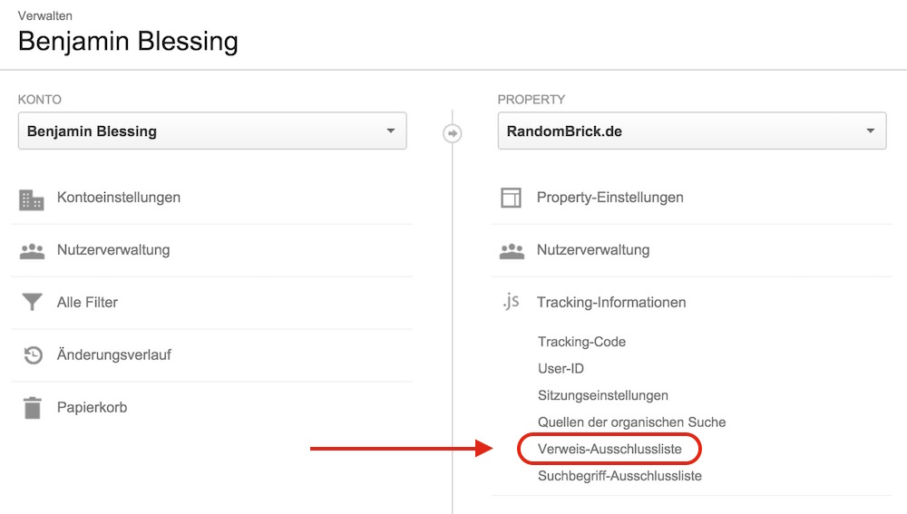 Google Analytics Verweisausschluss hinzufügen (Bild: Screenshot Google Analytics).