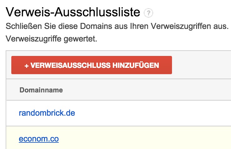 Domain der Verweis-Ausschlussliste hinzufügen (Bild: Screenshot Google Analytics).