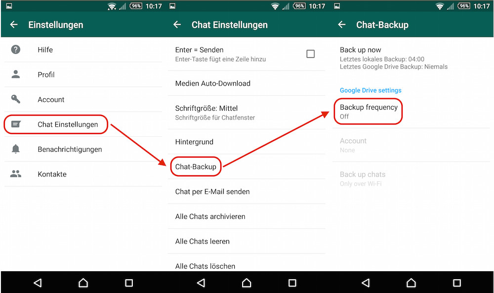 WhatsApp Backup-Funktion mit Google Drive aktivieren (Bild: Screenshot WhatsApp).