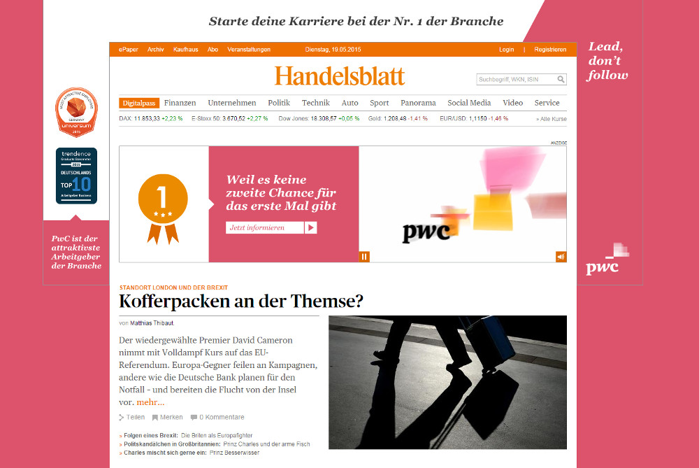 Das Handelsblatt mit Werbung (Bild: Screenshot Handelsblatt.com).
