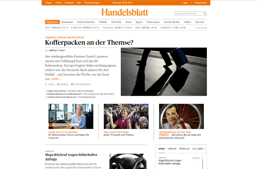 Das Handelsblatt ohne Werbung (Bild: Screenshot Handelsblatt.com).
