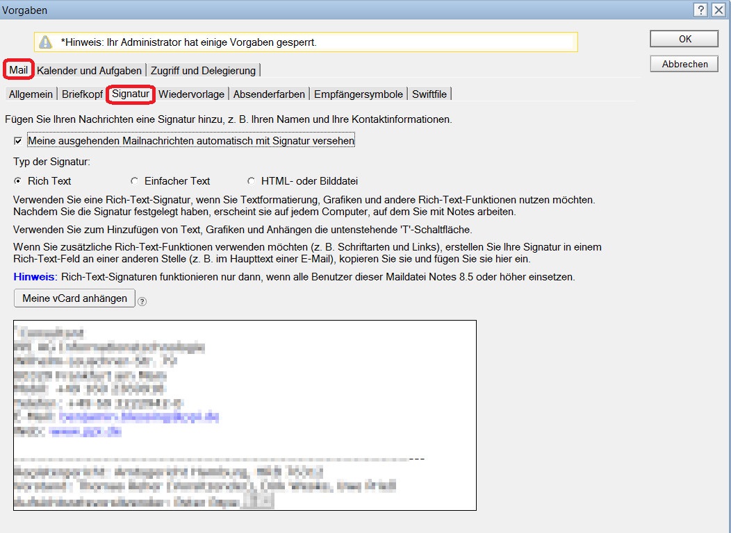 Lotus Notes E-Mail Signatur einfügen (Bild: Screenshot Lotus Notes 9).