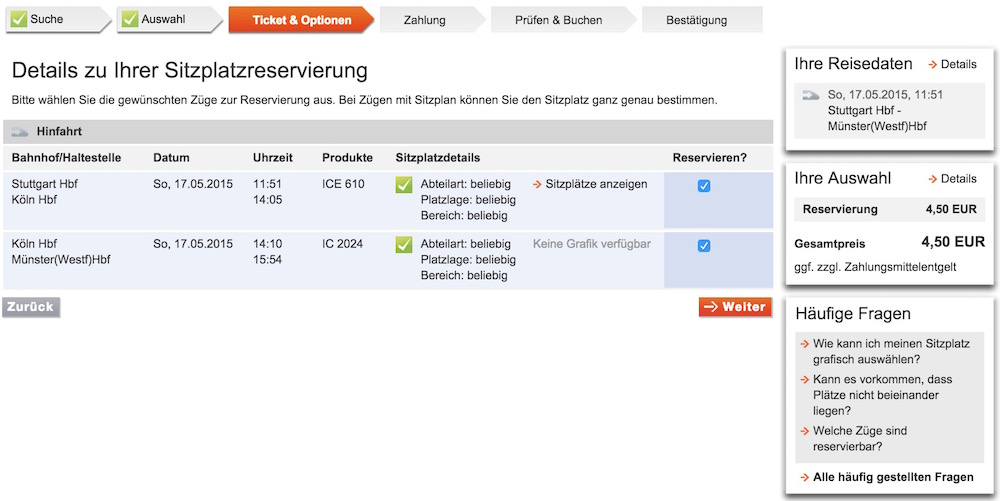 Sitzplatzreservierung bei der Deutschen Bahn nachträglich