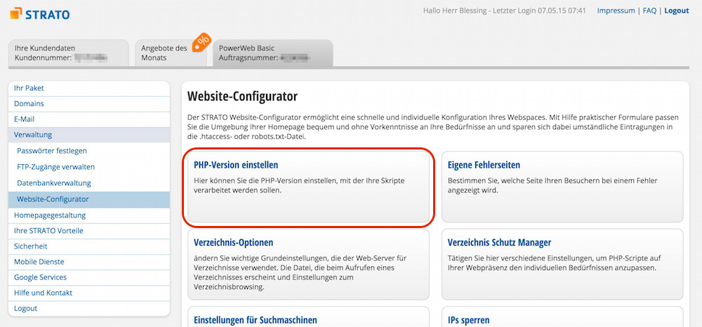 PHP-Version einstellen auswählen (Bild: Screenshot Strato.de).