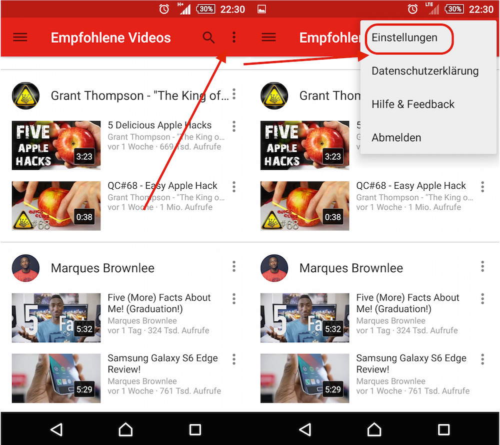 YouTube App Wiedergabeverlauf löschen (Bild: Screenshot YouTube App).
