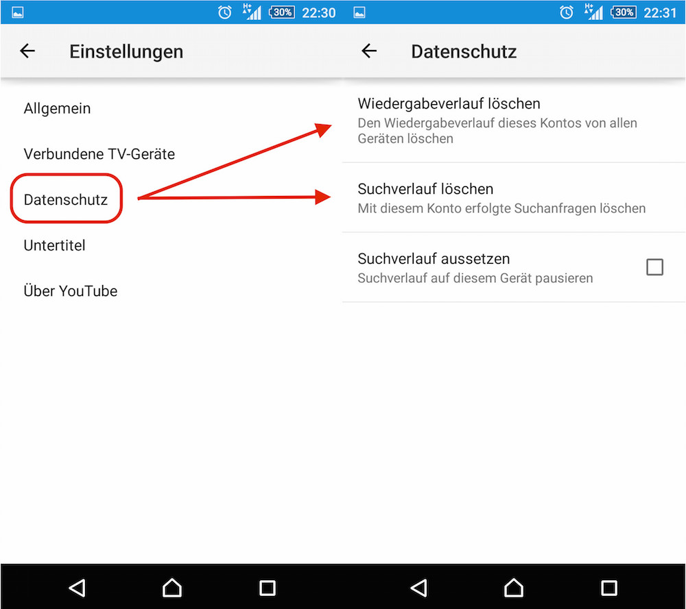 YouTube App Wiedergabeverlauf löschen (Bild: Screenshot YouTube App).