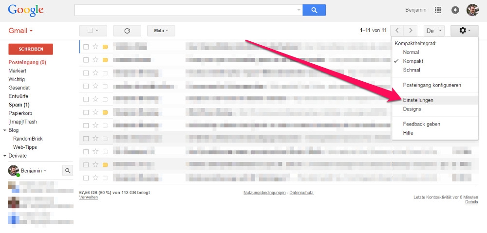 Die Einstellungen in Gmail sind über das Zahnrad aufzurufen (Bild: Screenshot Gmail).
