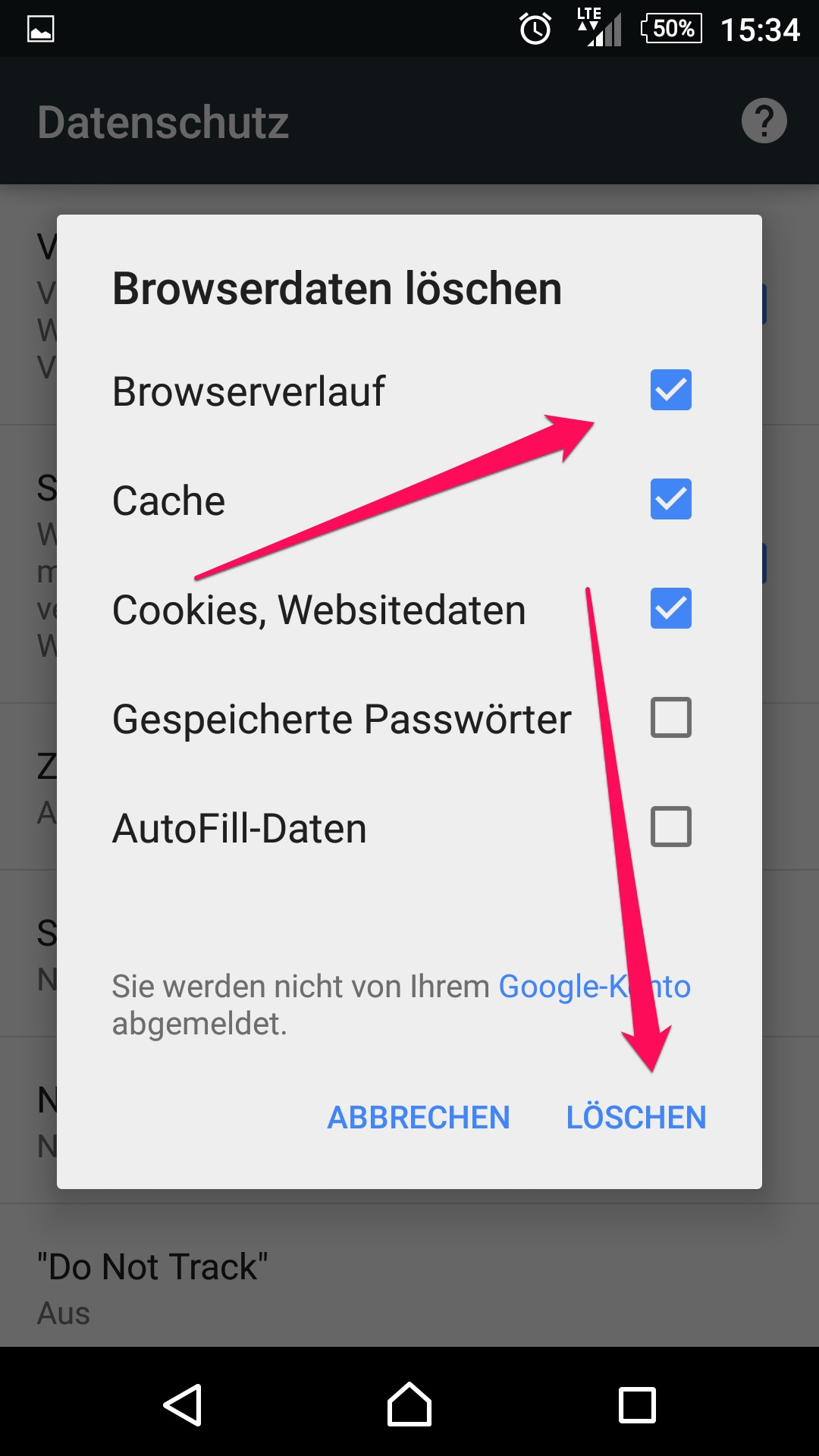 Browserdaten in Chrome für Android löschen (Bild: Screenshot Chrome).