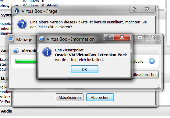 VirtualBox 5.0 Extension Pack installieren (Bild: Screenshot VirtualBox unter Windows 7).