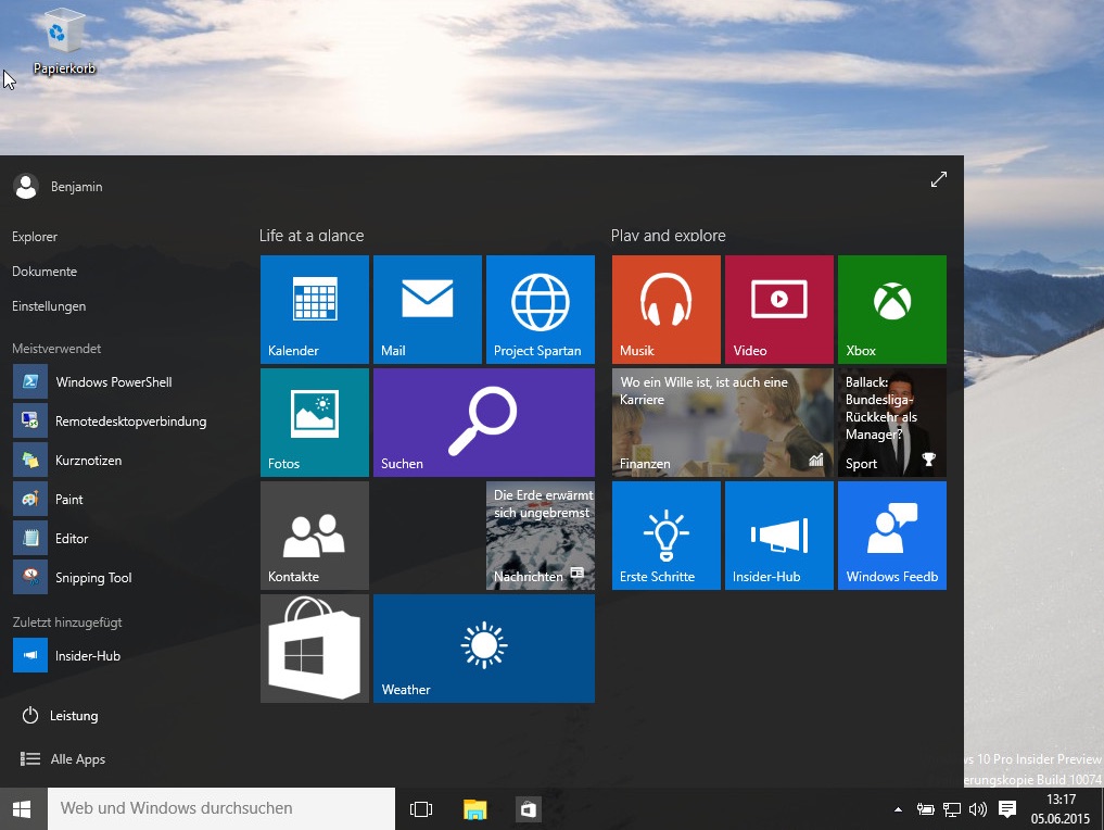 Fertige Windows 10 Installation mit Startmenü (Bild: Screenshot Windows 10).