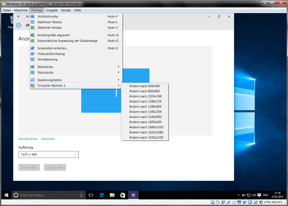 Änderung der Bildschirmauflösung im Windows 10 Gastsystem (Bild: Screenshot Windows 10).