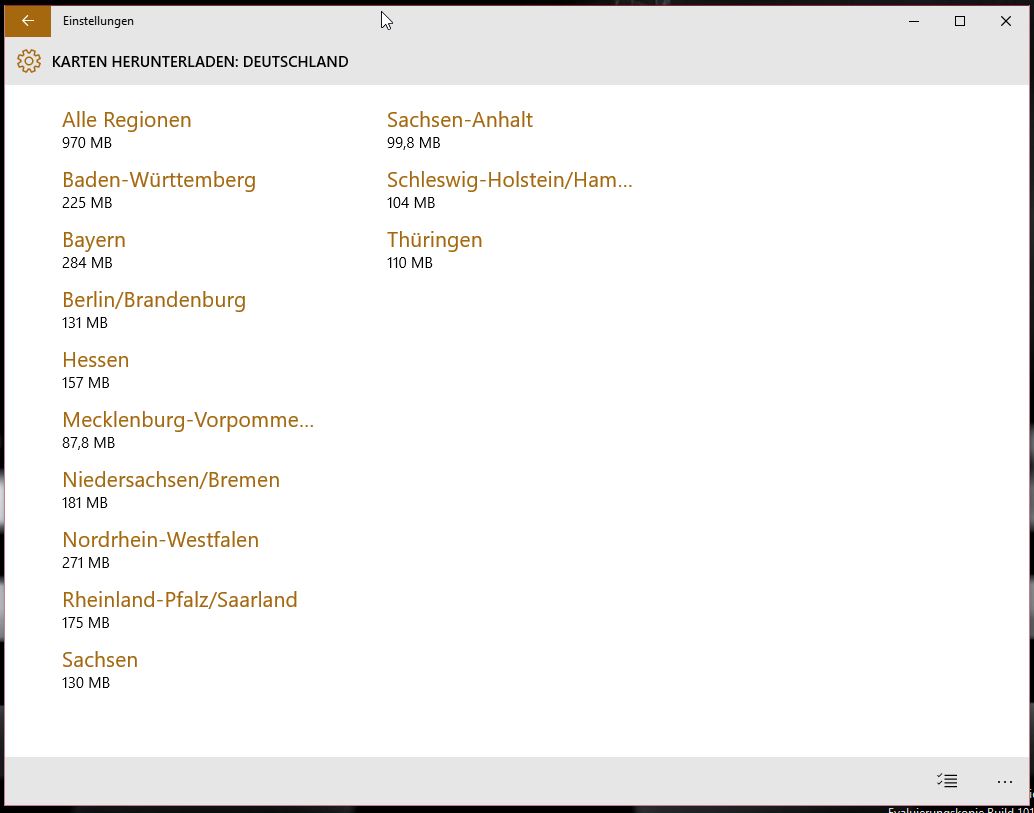 Windows 10 Offlinekarten nach Bundesland (Bild: Screenshot Windows 10).