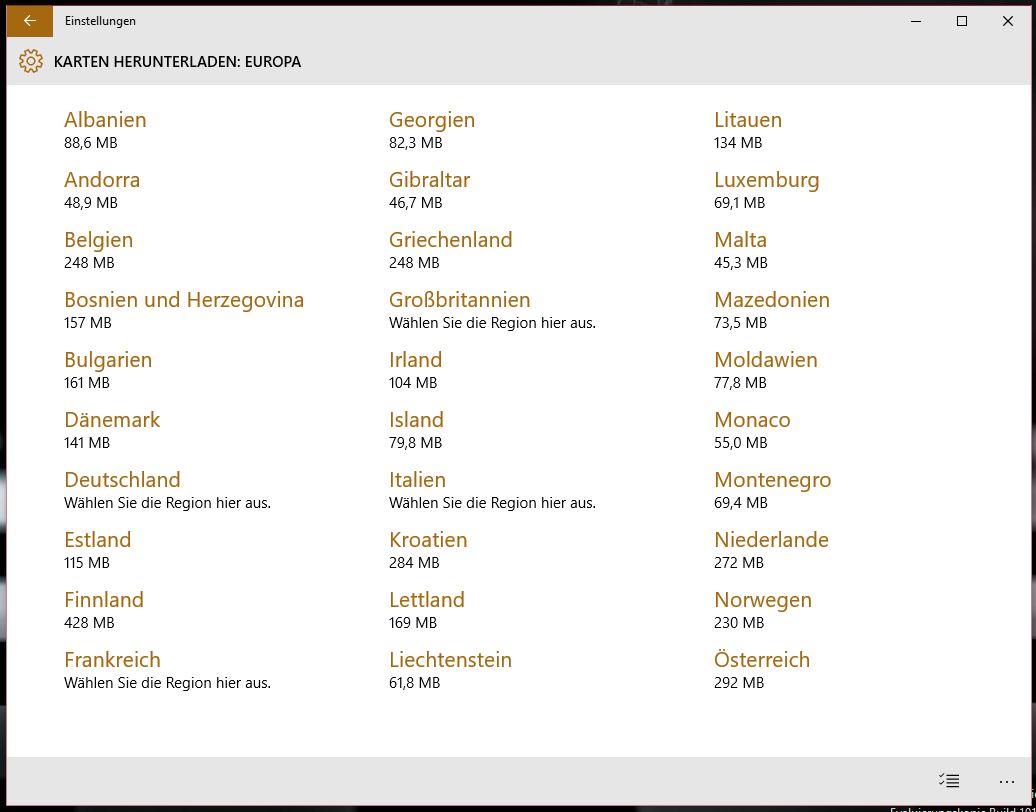 Windows 10 Offlinekarten Länderwahl (Bild: Screenshot Windows 10).