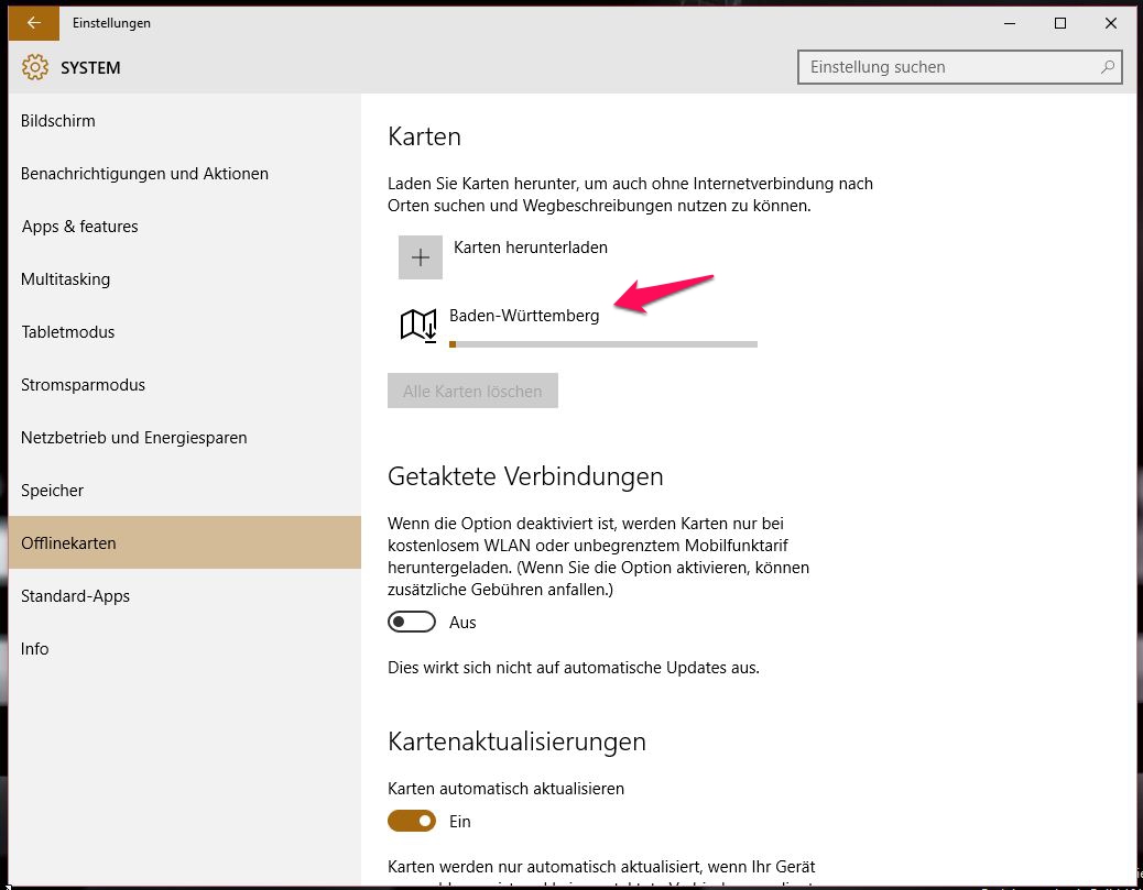 Windows 10 Offlinekarten herunterladen (Bild: Screenshot Windows 10).