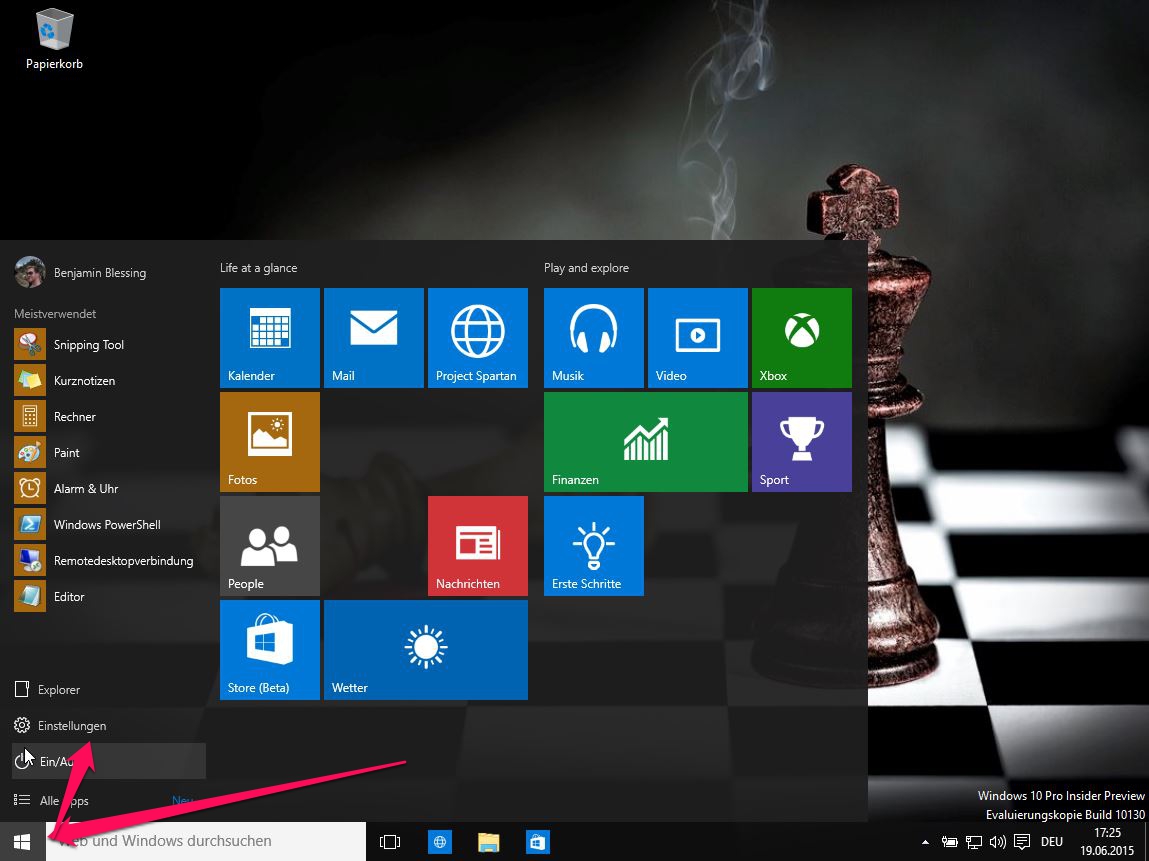 Windows 10 Startmenü (Bild: Screenshot Windows 10).