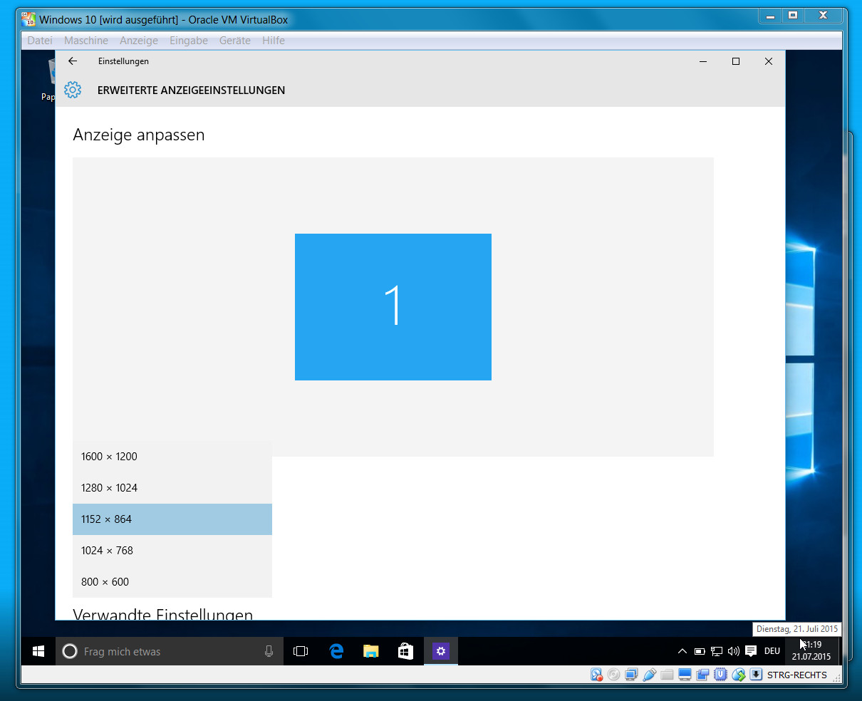 Auflösung von Windows 10 in VirtualBox (Bild: Screenshot unter Windows 7).