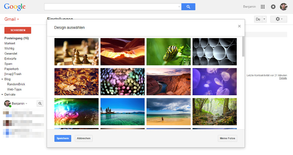 Google stellt eine große Auswahl an Themes zur Verfügung (Bild: Screenshot Gmail).