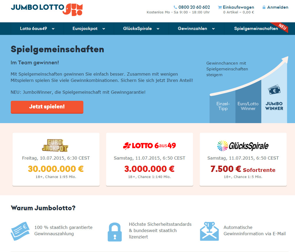 Jumbolotto ermöglicht die Spielteilnahme am staatlichen Lotto (Bild: Screenshot Jumbolotto.de).