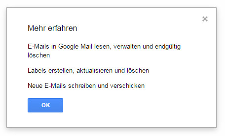 Um die E-Mail Privatsphäre zu erhöhen. benötigt Trackbuster umfangreiche Rechte (Bild: Screenshot Gmail).