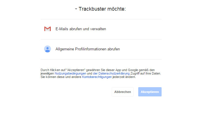 Trackbuster benötigt Zugriff auf den Gmail Account (Bild: Screenshot Gmail).