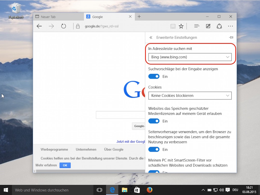 Microsoft Edge Suchmaschine auf Google ändern (Bild: Screenshot Windows 10).