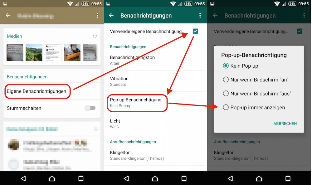 In WhatsApps können für jeden Kontakt und Gruppe die Pop-Ups individuell aktiviert werden (Bild: Screenshot WhatsApp).
