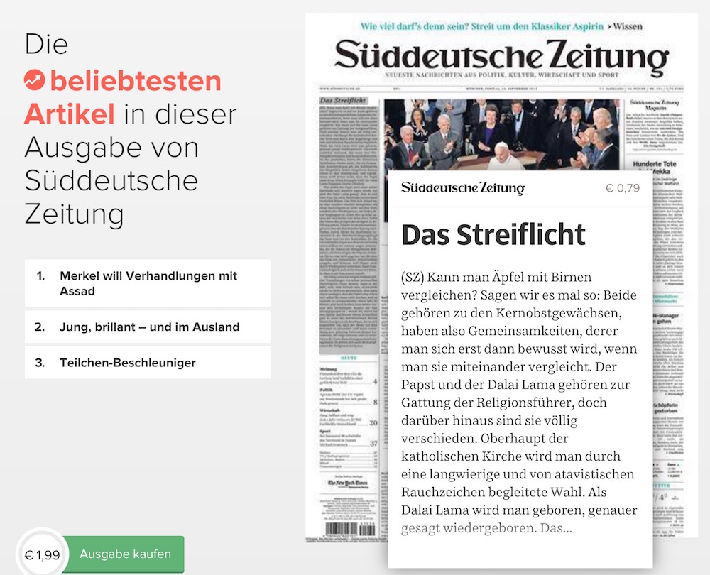 Die Preisgestaltung der Süddeutschen Zeitung bei Blendle ist fragwürdig (Bild: Screenshot Blendle).
