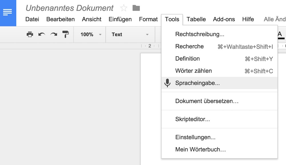Die Spracheingabe in Google Doc ist mit zwei Klicks aktiviert (Bild: Screenshot Google Docs).