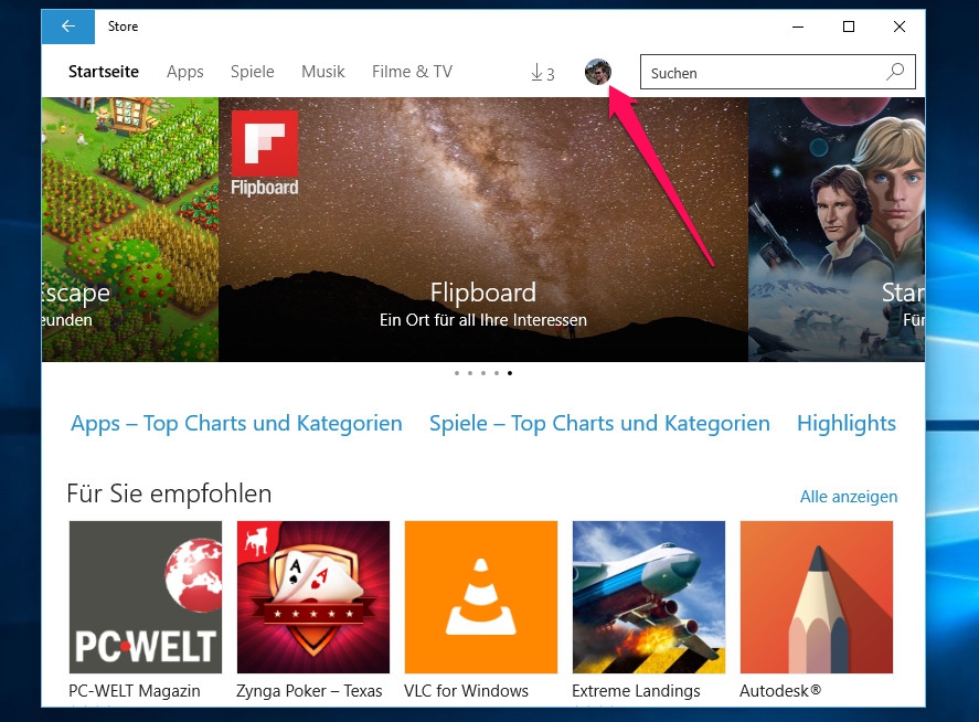 Die Windows Store Einstellungen befinden sich hinter dem Profilbild des Nutzers (Bild: Screenshot Windows 10).