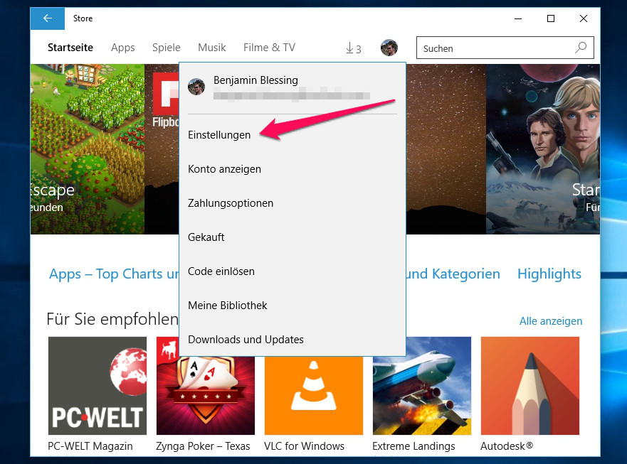 Über das Menü kann der Nutzer die Einstellungen zum Windows Store aufrufen (Bild: Screenshot Windows 10).