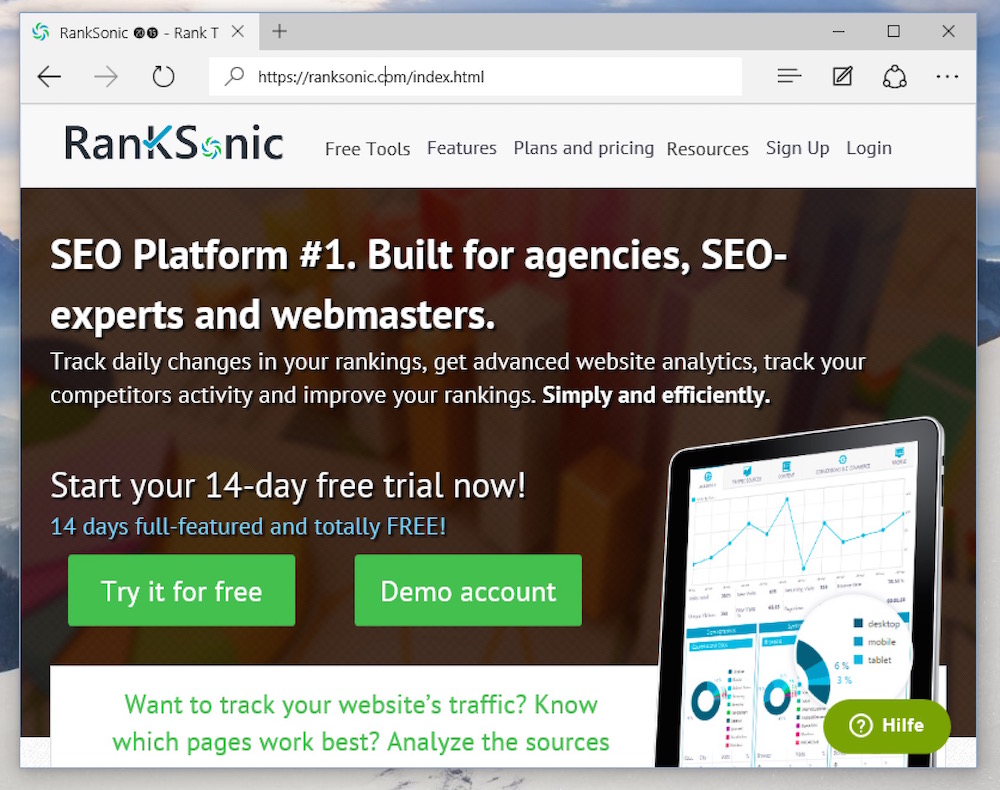 Wer die Spam-URL seo-platform.com aufruft, landet auf ranksonic.com (Bild: Screenshot Microsoft Edge).