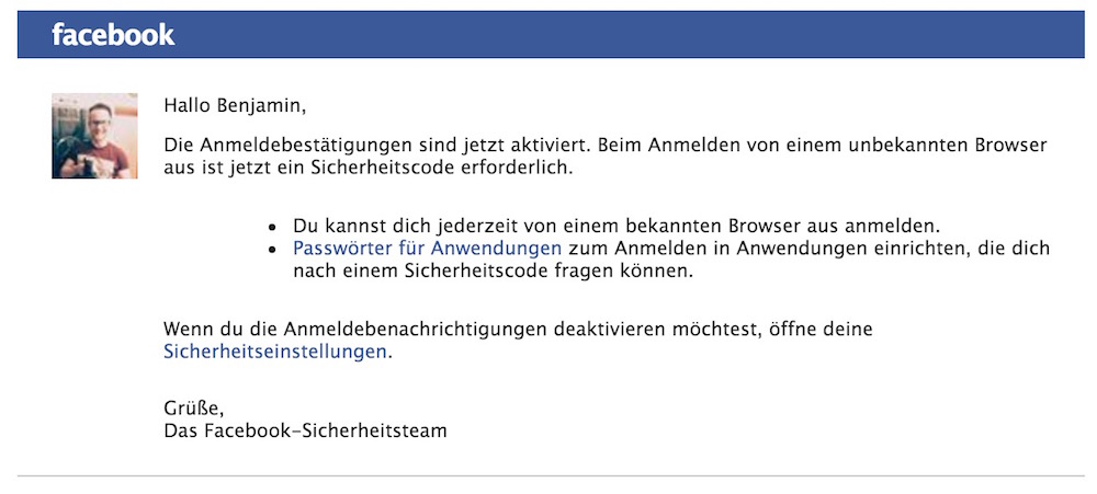 Die Aktivierung wird von Facebook mit einer E-Mail bestätigt (Bild: Screenshot Facebook).